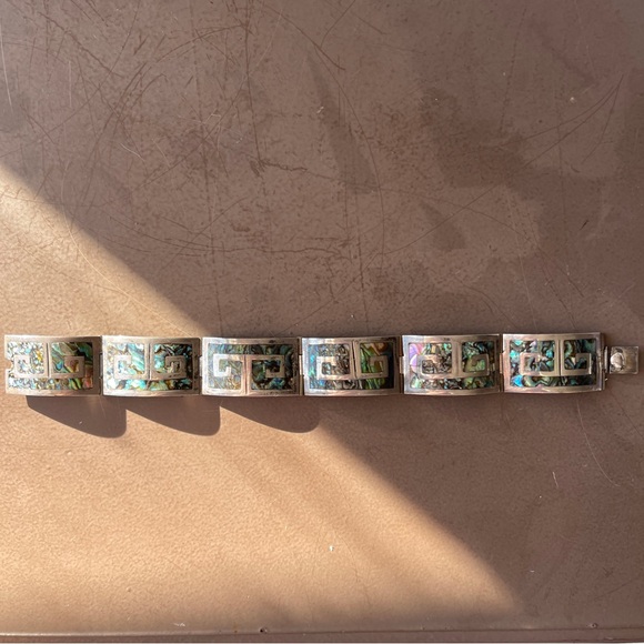Vintage Sterling Silver Mexican Abalone Station Bracelet Greek Key Design - Picture 7 of 11